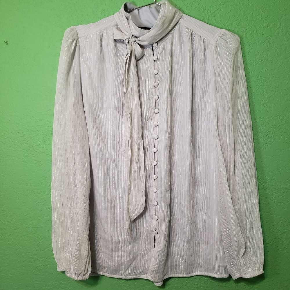 Ann Taylor Light Gray Long Sleeve Blouse with Tie-Neck